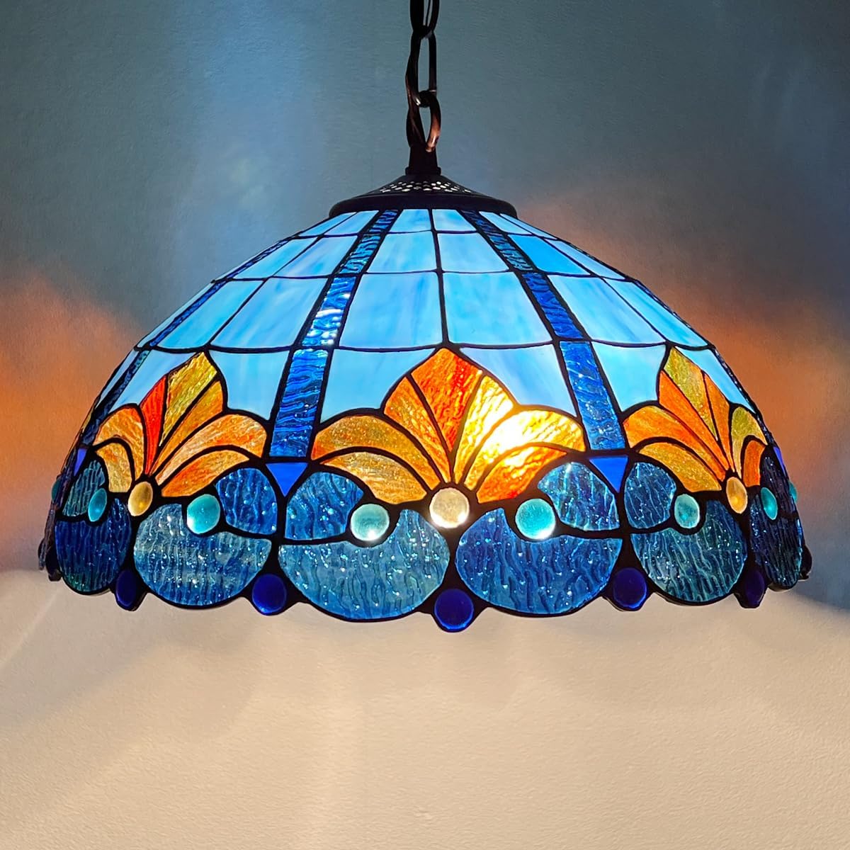 Tiffany Pendant Light fixtures Hanging Lamp Blue 16" Large Stained Glass Ceiling Pendant Lighting for Dining Room Kitchen Island Study Hallway