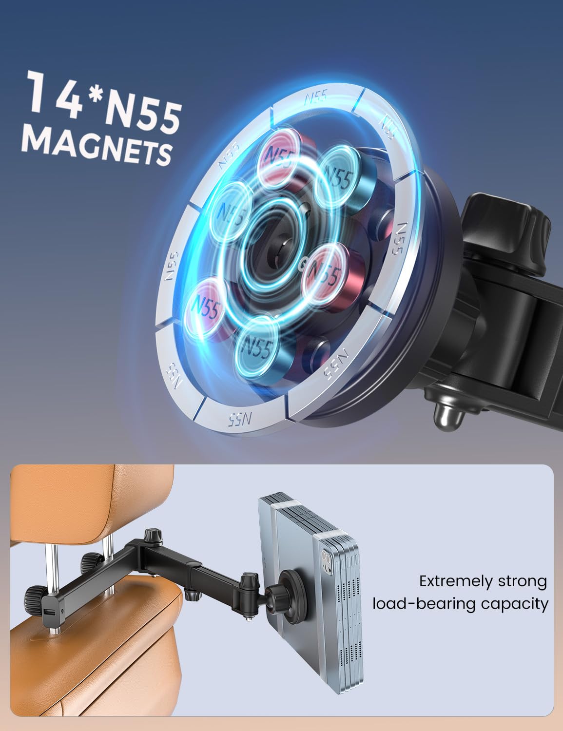 OHLPRO Support Tablette Voiture Magnétique [Bras Extensible Métal + Puissant Magnétisme] Support iPad Voiture Appuie-tête Rotative à 360° Porte Tablette Compatible avec Téléphones et Tablettes