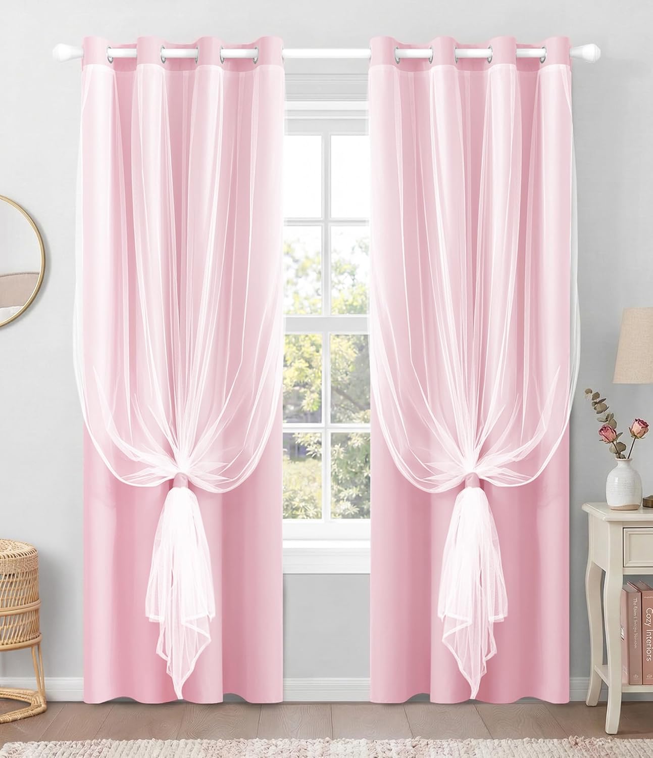 100% Blackout Curtains with Sheer Overlay, 2 Panels Thermal Insulated Double Layer Grommet Drapes for Girls Bedroom Living Room Darkening Apartment Windows Decor, 52" W x 84" L, Pink