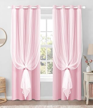 100% Blackout Curtains with Sheer Overlay, 2 Panels Thermal Insulated Double Layer Grommet Drapes for Girls Bedroom Living Room Darkening Apartment Windows Decor, 52" W x 84" L, Pink