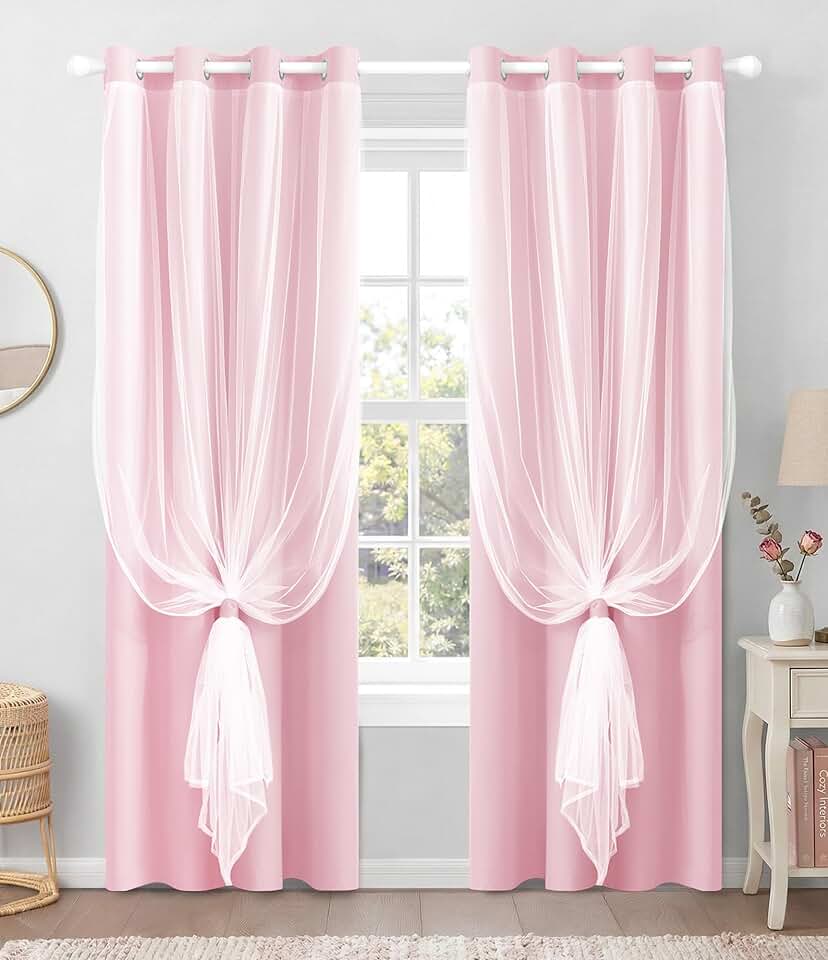 100% Blackout Curtains with Sheer Overlay, 2 Panels Thermal Insulated Double Layer Grommet Drapes for Girls Bedroom Living Room Darkening Apartment Windows Decor, 52" W x 84" L, Pink