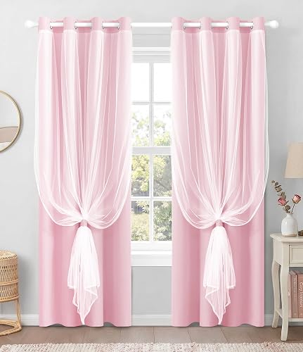 100% Blackout Curtains with Sheer Overlay, Pink, 52 x 84