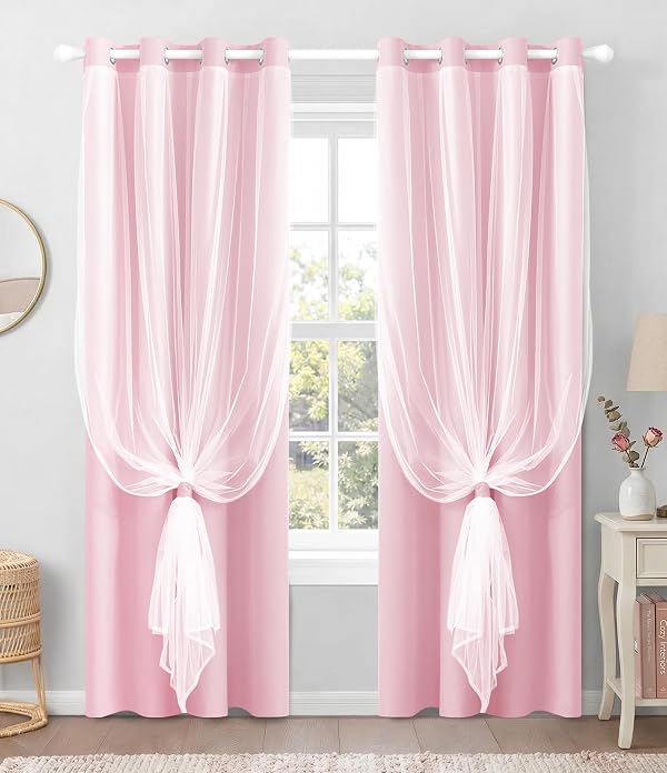 TopNaps 100% Blackout Curtains with Sheer Overlay, 2 Panels Thermal Insulated Double Layer Grommet Drapes for Girls Bedroom Living Room Darkening Apartment Windows Decor, 52" W x 84" L, Pink by TopNaps - Used condition - US$20.42