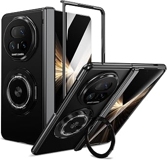 Magnetic for Honor Magic V5 Case with Ring Holder, Built in Screen Protector Camera Protection Slim Thin Hard PC Kickstand Magnetic Car Accessories Shockproof Protective Case, Black