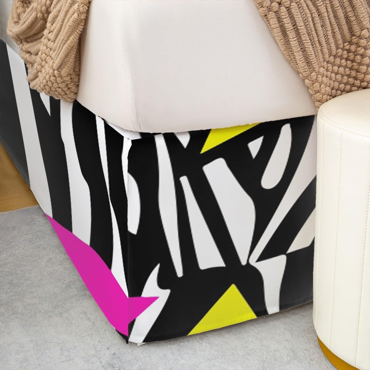 80s 90S Fashion Style Bed Skirt Queen Size,Retro Memphis Style Bedding Decor Geometric Shapes Bed Skirts for Kids Child,Funky Hipster Old Fashioned Bedskirt Geometric Bedroom Decor