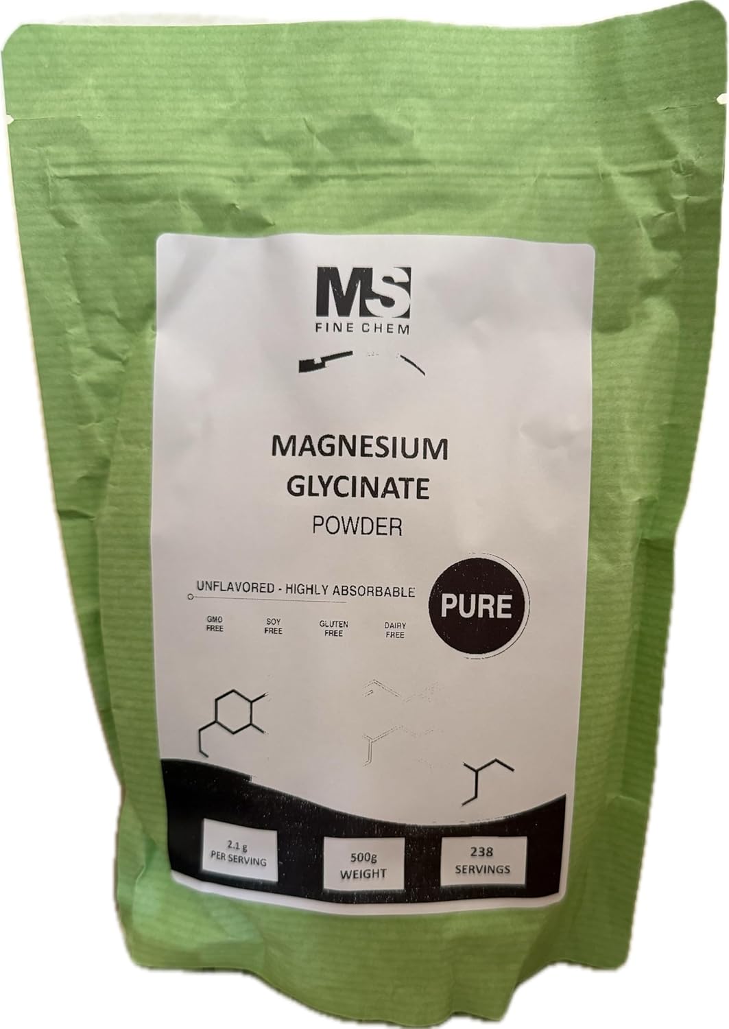 Magnesium Glycinate Powder,Magnesium Glycinate 300mg, Highly Absorbable,Gluten Free, 2.1g per Serving, 500g (1.1 lbs).