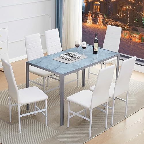 Miniatura 10 de ROZHOME Juego de mesa de comedor para 4 mesa de cocina y sillas de 5 piezas con mesa de vidrio templado y 4 sillas de marco de metal de piel