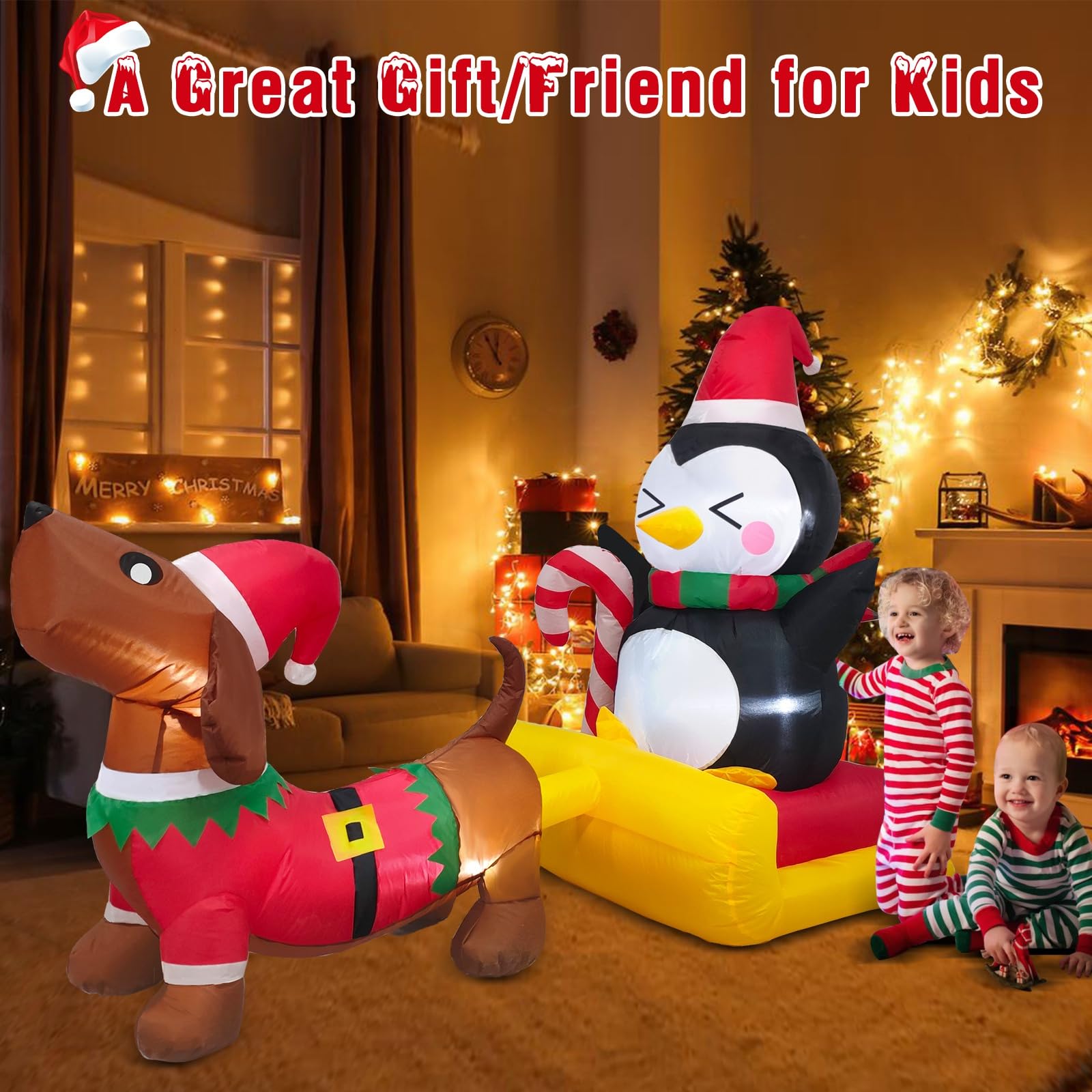Danxilu Traîneau gonflable de Noël de 1,8 m de long avec pingouin - Décorations extérieures - Pingouin gonflable sur traîneau à chien - Décorations de cour pour Noël, vacances, intérieur, jardin