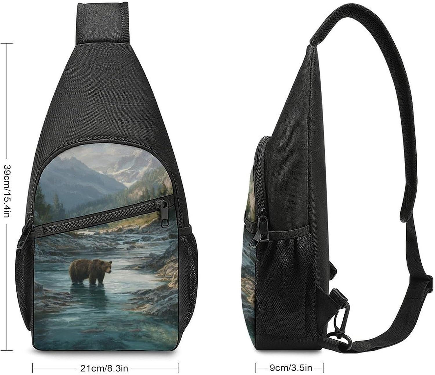 Bears Morning In Mountains Crossbody Sling Backpack Chest Bag Daypack | unisex,trendy,with convertible and detachable shoulder strap,side pockets