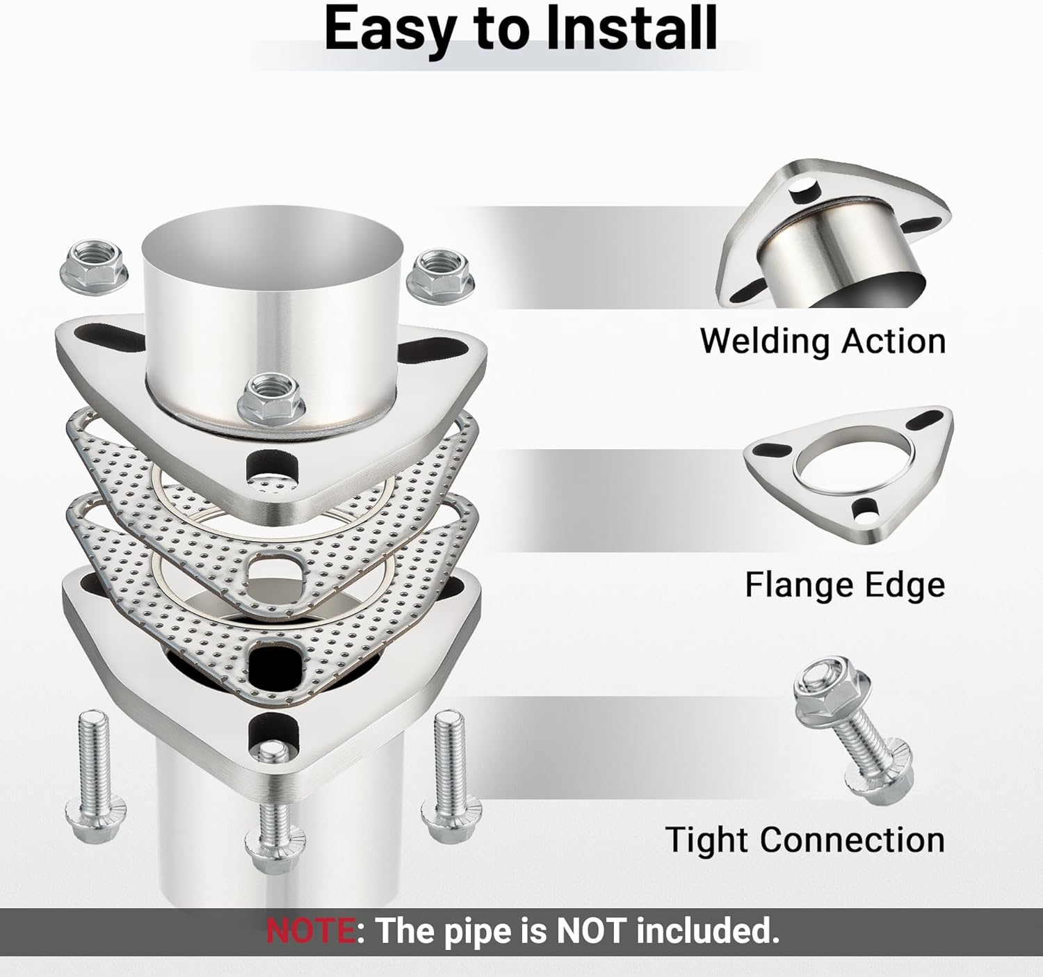 EVIL ENERGY 3 Inch 3 Bolt Exhaust Flange Connection Kit, Stainless Steel Exhaust Flange and Gasket Set with Bolts and Nuts, Exhaust Flanges with Flange Edge for Easier Welding, 2 PCS