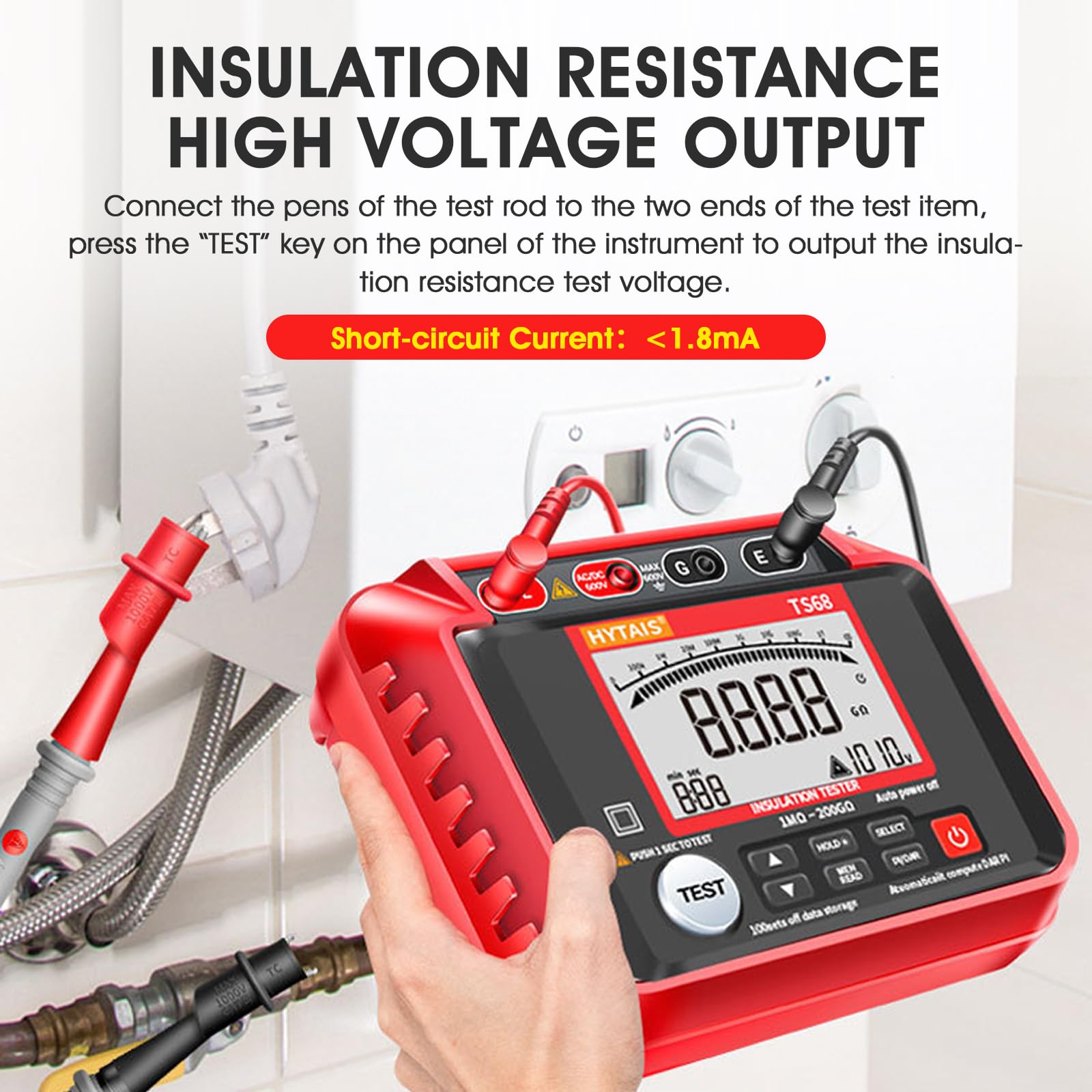 Megóhmetro Medir Resistencia de Aislamiento, 0,1MΩ~10GΩ Insulation Resistance Meter, Tensión Salida 50V~1000V, Test PI/DAR, Almacenamiento 100Datos para Motores, Cable, Transformadores, Condensadores