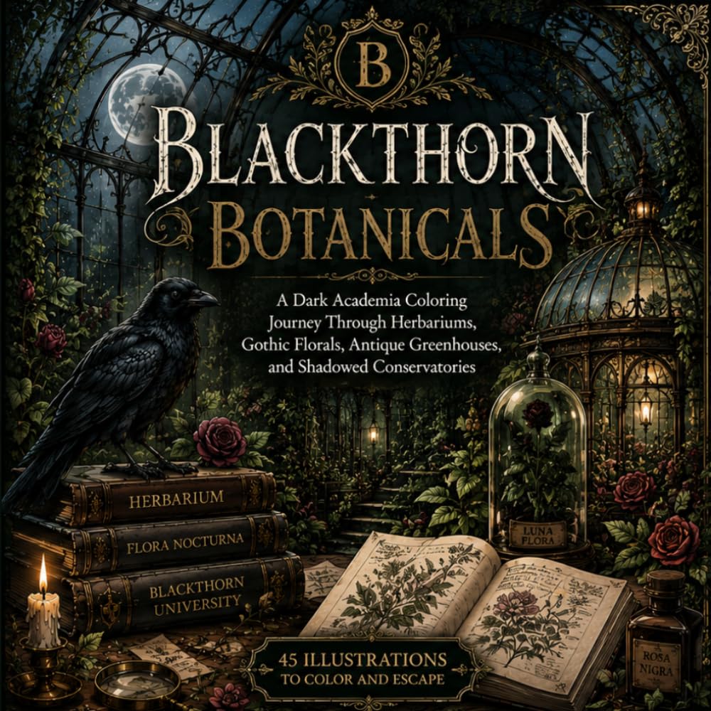 Blackthorn Botanicals: A Dark Academia Coloring Journey Through Herbariums, Gothic Florals, Antique Greenhouses, and Shadowed Conservatories (The Blackthorn Collection)