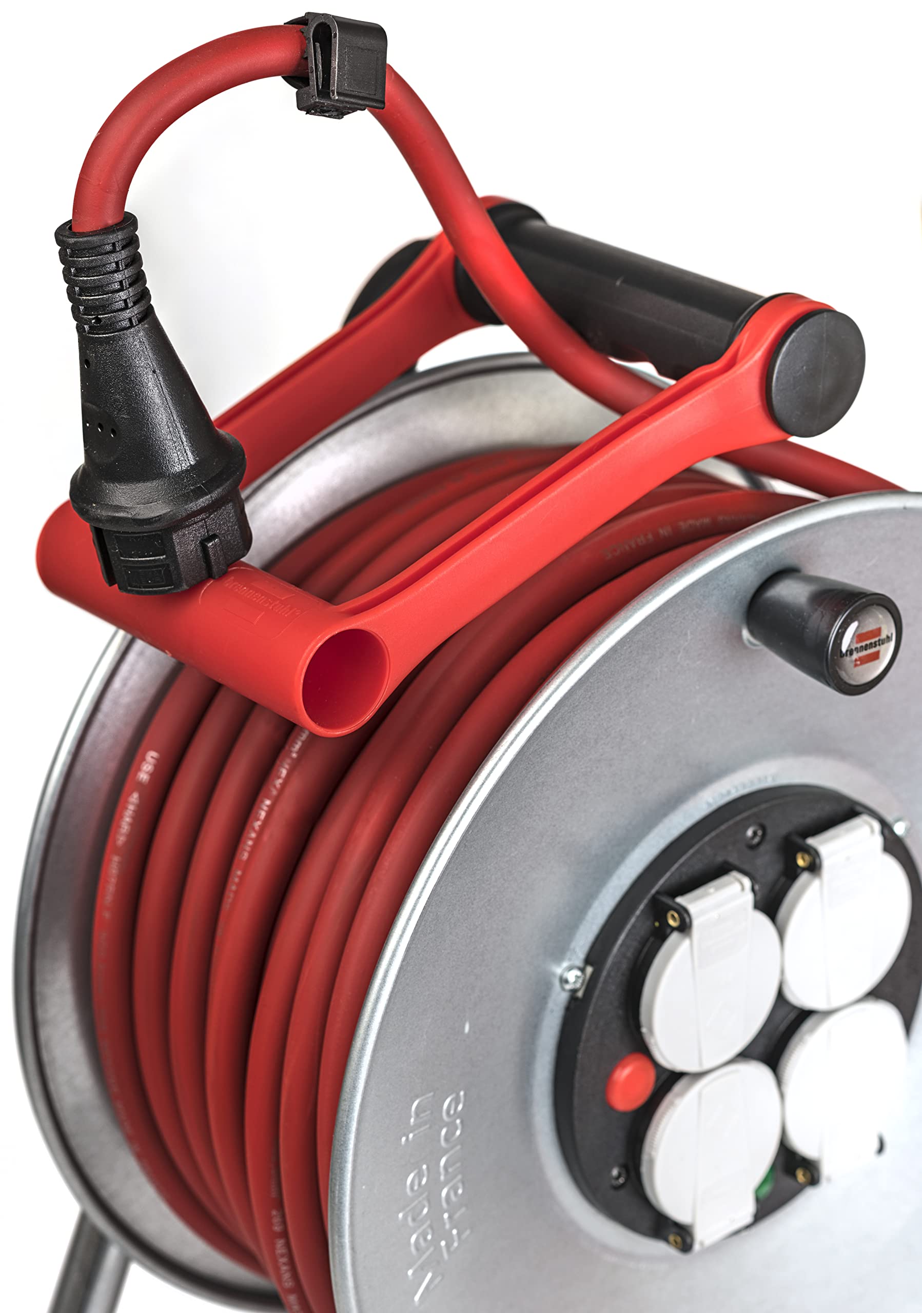 Brennenstuhl Professional Enrouleur de câble SILVER-25 / Enrouleur électrique (4 prises avec clapets, flasques en acier, voyant de tension, poignée, 25m H07RN-F, en extérieur), fabriqué en France