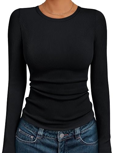 Suncife Camiseta de manga larga para mujer, informal, acanalada, cuello redondo, de punto, ajustada, tipo túnica