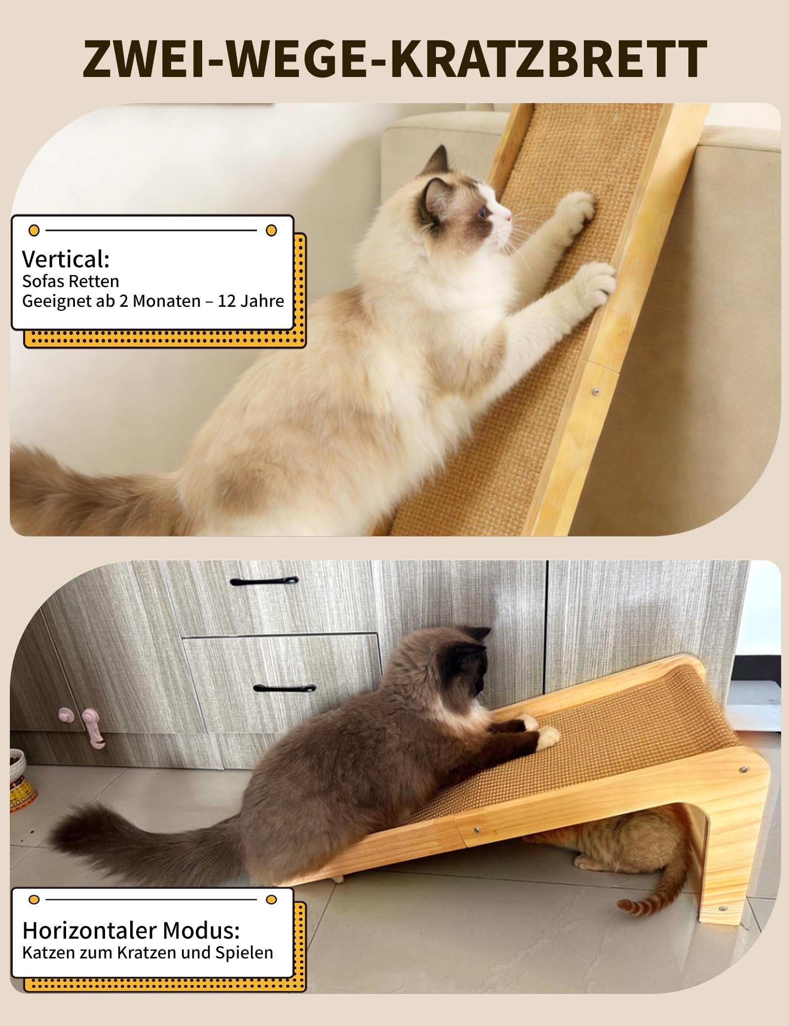 Kratzbrett Katzen, Large 69cm H, Sisal Kratzbrett Katze, Massives Holz & Natürliches Sisal Katzen kratzmatte, Katzen kratzmöbel für Wohnzimmer/Schlafenzimmer, Schützt Möbel vor Katzenkratzen