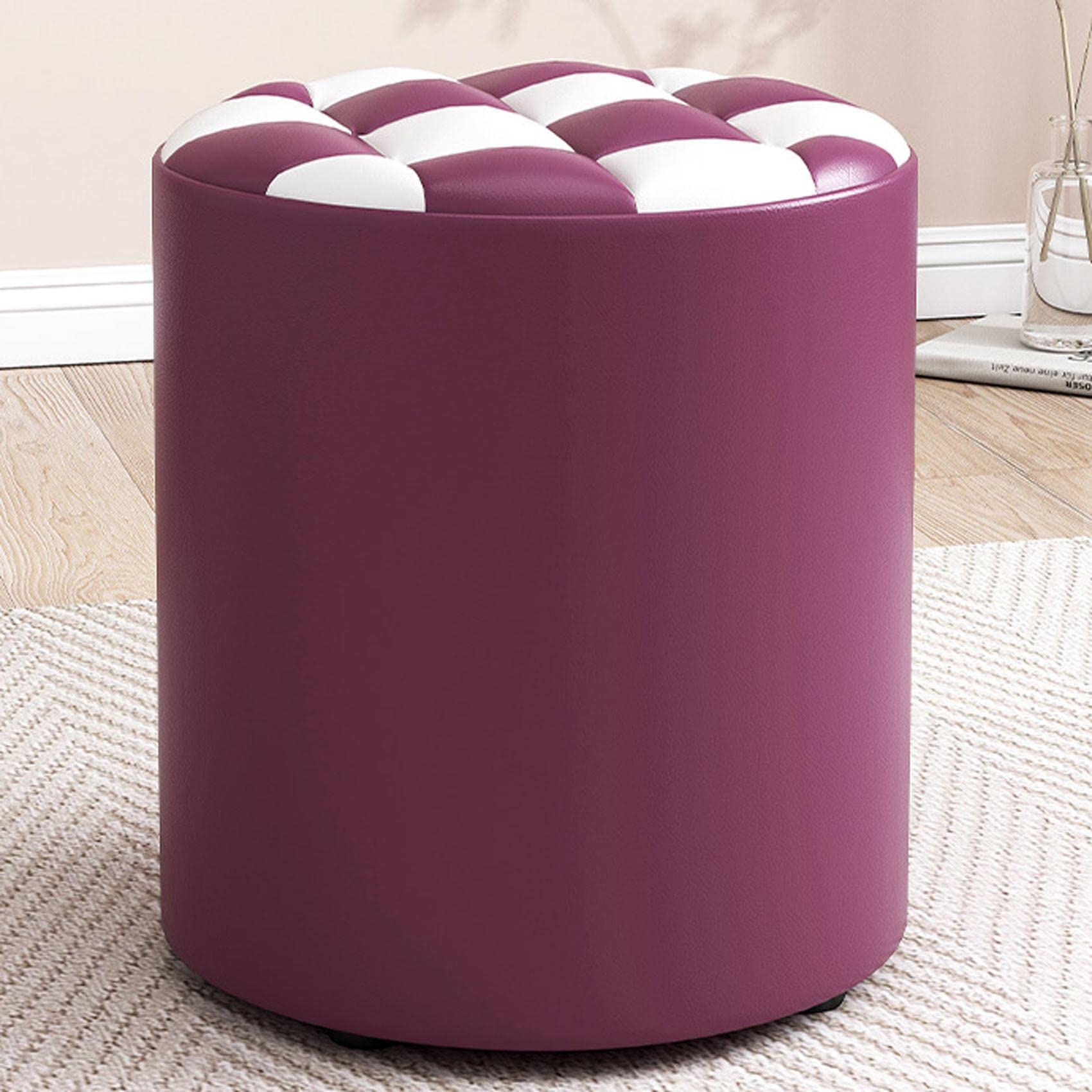LMMIAOZ Round Leather Footstool for Living Room and Bedroom Purple and White 31x35cm