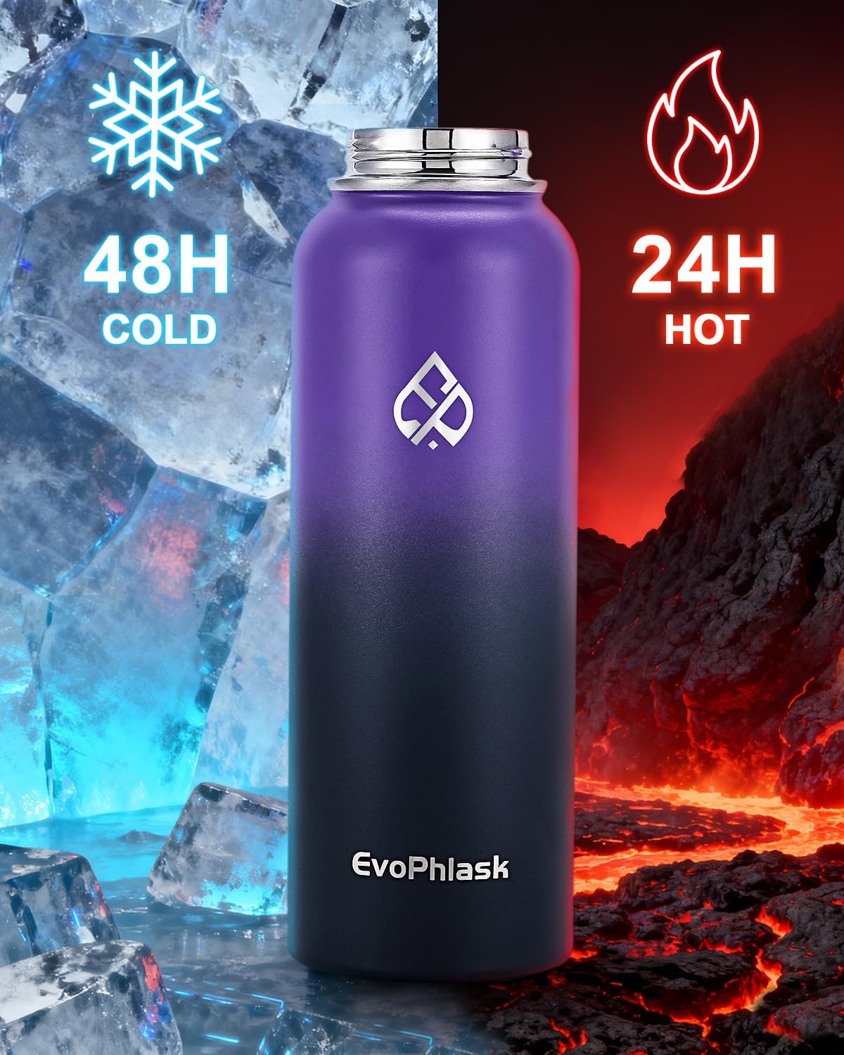 Insulated Water Bottle 40 oz, Vacuum Stainless Steel Water Bottle Keep Cold 48Hrs, Large Metal Water Jug for Travel, Sport, Gym, Hiking with Carrier Bag, Purple/Black