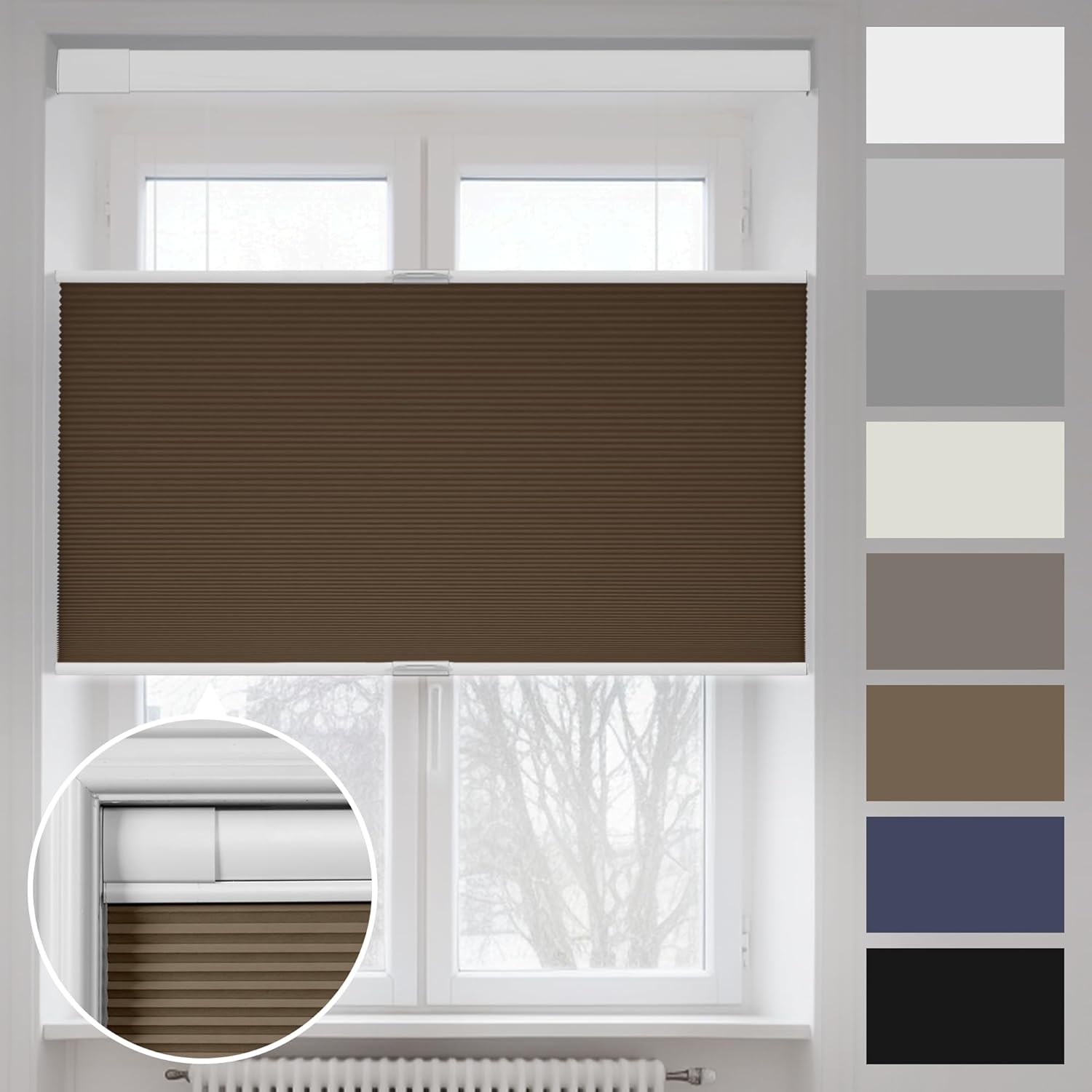 Boolegon No Tools No Drill Shades for Windows,Modern Top Down Bottom Up Cellular Shades,Blackout Cordless Honeycomb Blinds EasyInstall Blinds&Shades for Home and Office,Dark Brown,35" W x 64" H