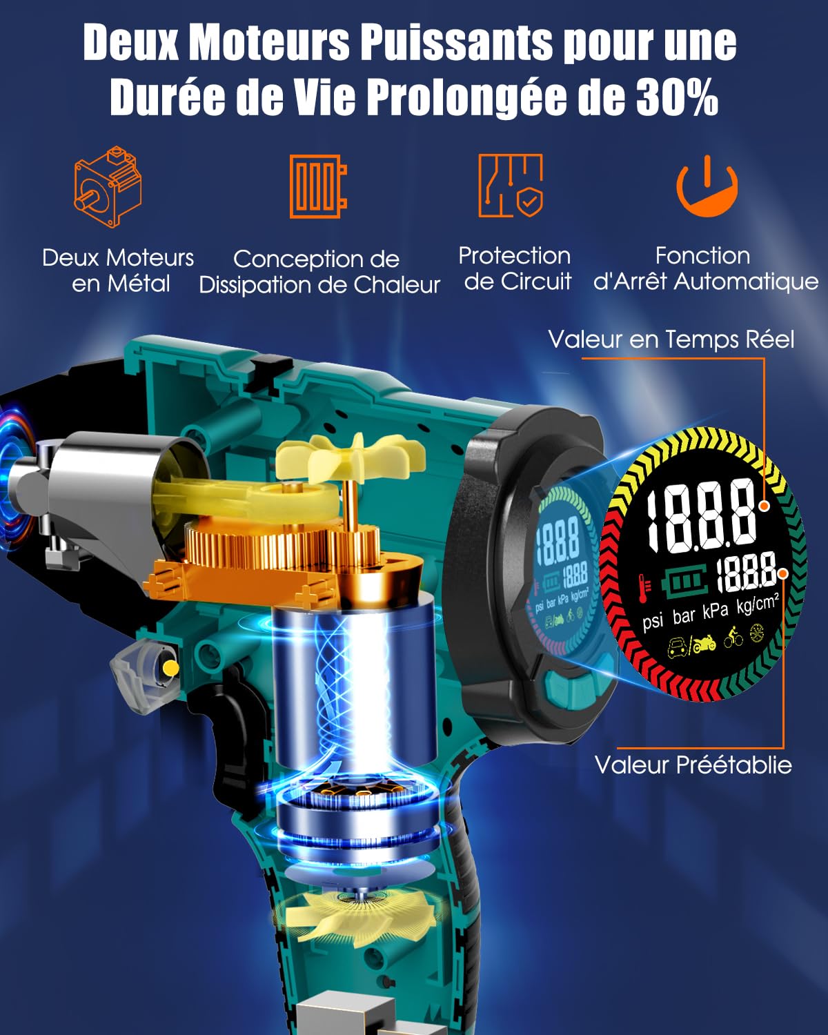 AUTDER Gonfleur Pneus 180 PSI Sans Fil avec Arrêt Automatique | 180 PSI et débit d'air jusqu'à 50 L/min pour un gonflage rapide des pneus et équipements gonflables.