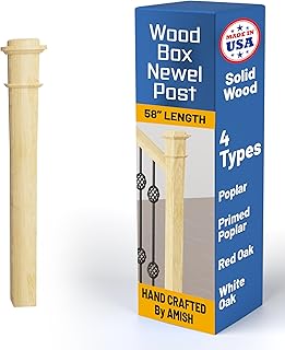 3.5” x 58” Solid Red Oak Stair Newel Post, Box Newels Post with Pedestal Plain Style Railing Interior, Premium Solid American Hardwood Square Newel Post (Poplar)
