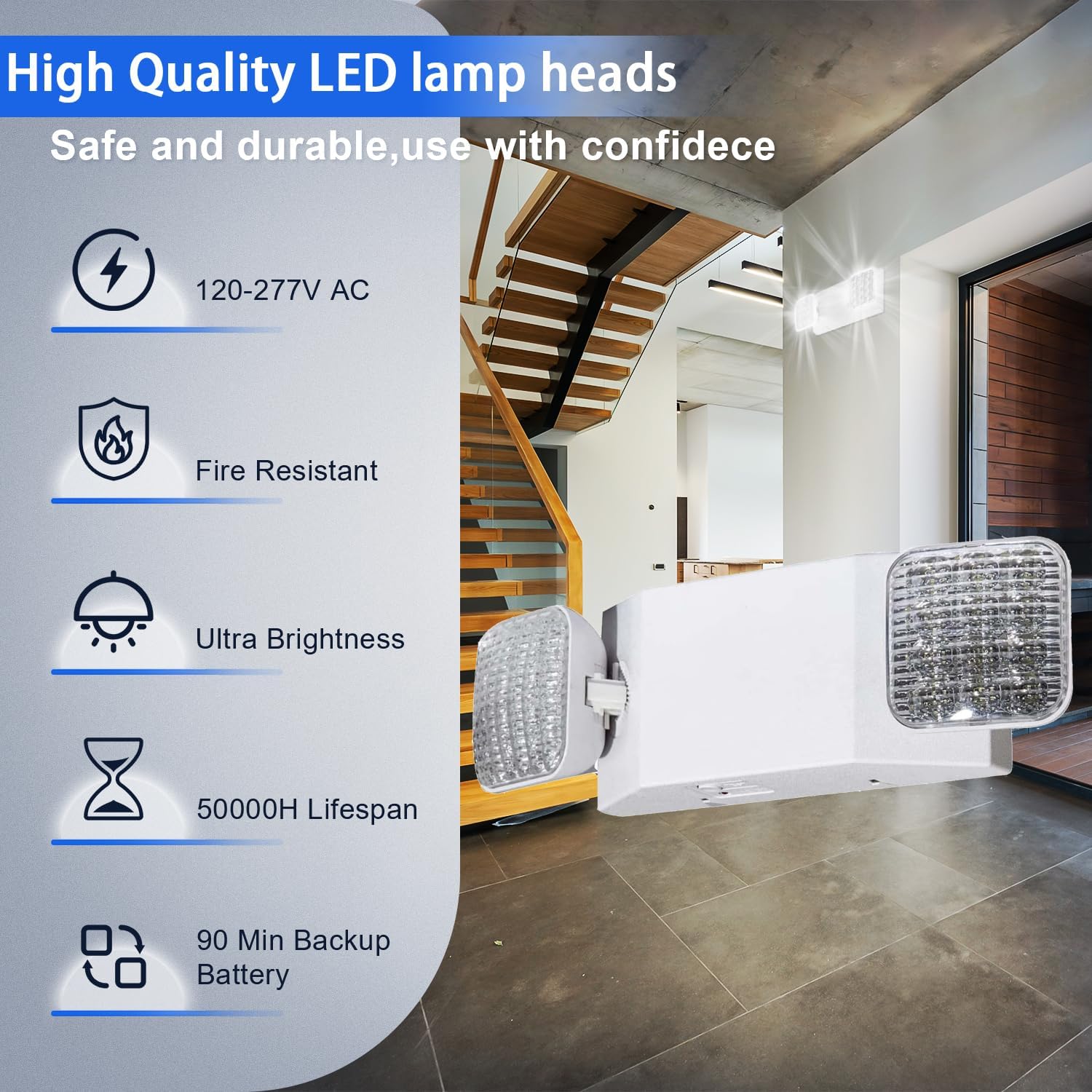 LED Emergency Lights with Battery Backup, Two LED Head Adjustable Commercial Emergency Lights, AC 120/277V, UL 924 Certified, Hardwired Emergency Exit Lighting Fixture for Business (2-Pack)