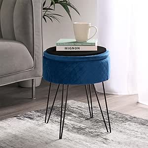 OHS Round Ottoman Storage Matt Velvet, Grey Ottoman With Lid Storage