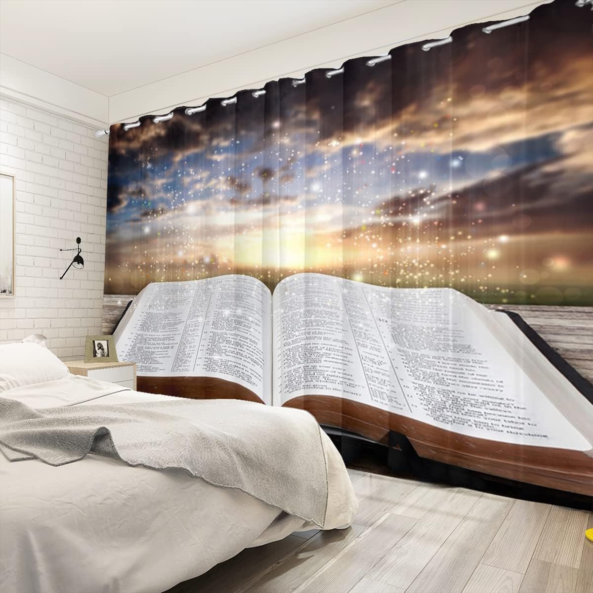 Bible Story Book Curtains Opening Book Holy Lights Sunset Landscape Jesus Christianity Style Window Drapes 2 Panel Set for Church School Living Room Bedroom Decorative, 21x45 Inches