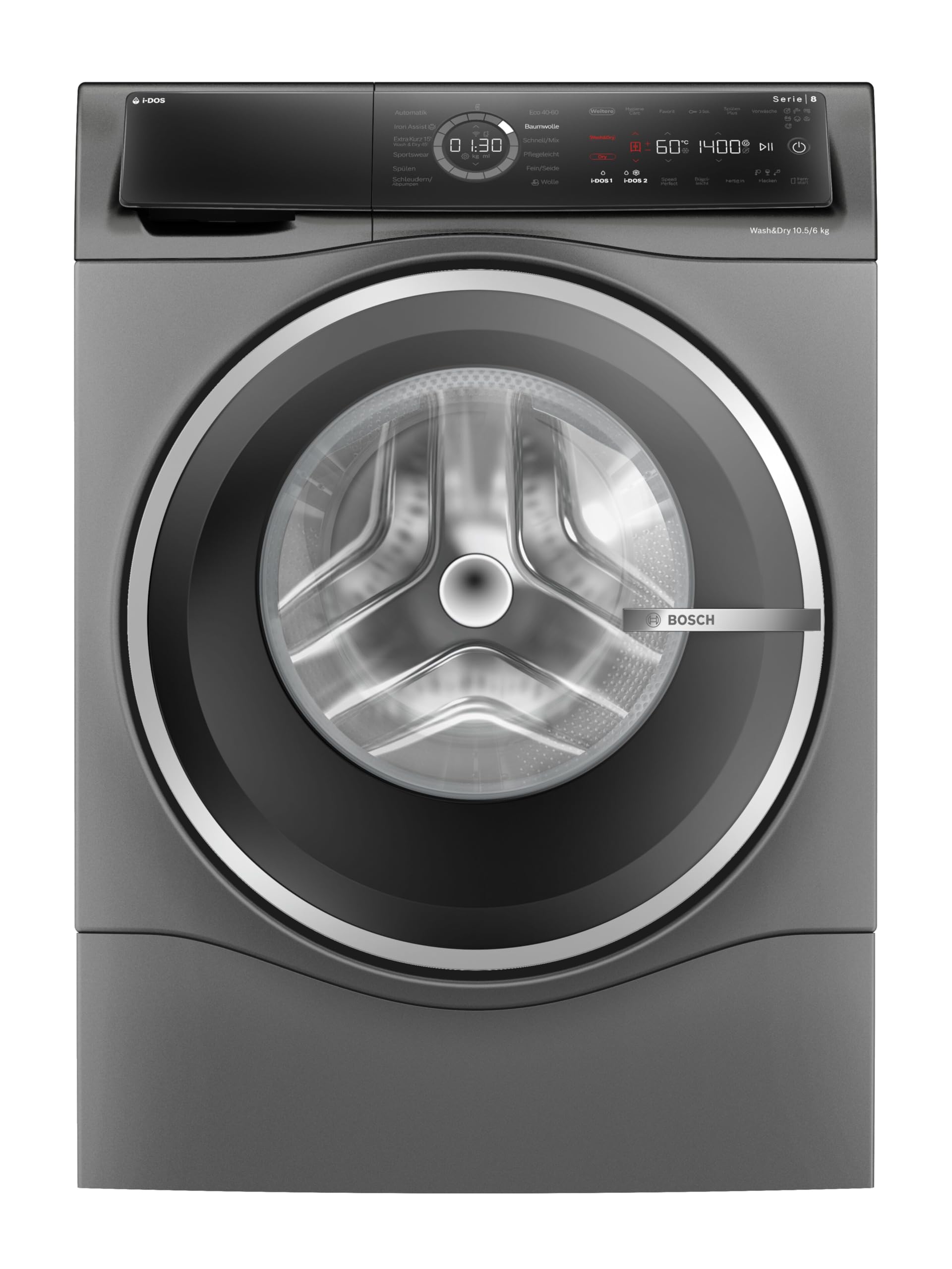 Bosch WNC254AS0, Serie 8, Smarter Waschtrockner, 10.5 kg Waschen & 6 kg Trocknen, 1400 UpM, i-Dos intelligente Waschmittel-Dosierung, entfernt 16 Fleckenarten, IronAssist mit Dampffunktion, AutoDry