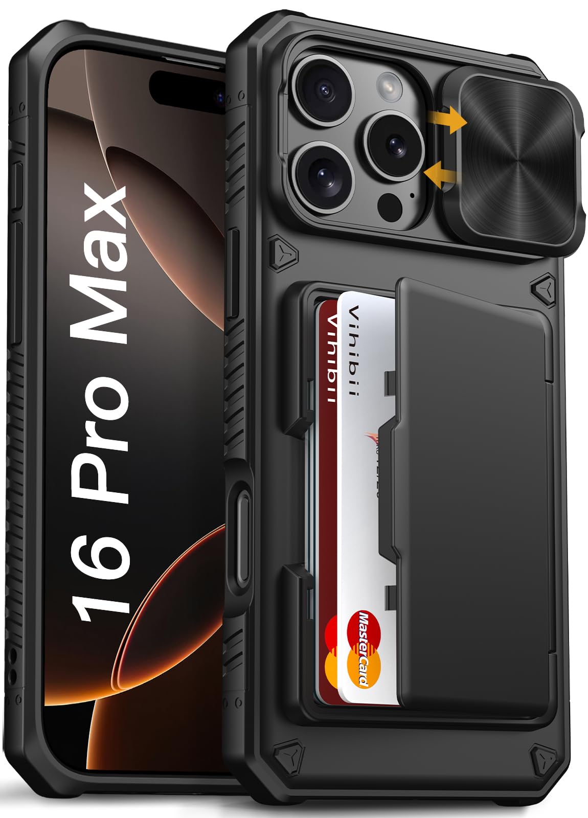 Vihibii for iPhone 16 Pro Max Case with Card Holder (4 Cards) [RFID Blocking] & Slide Camera Cover, Military Grade Drop 