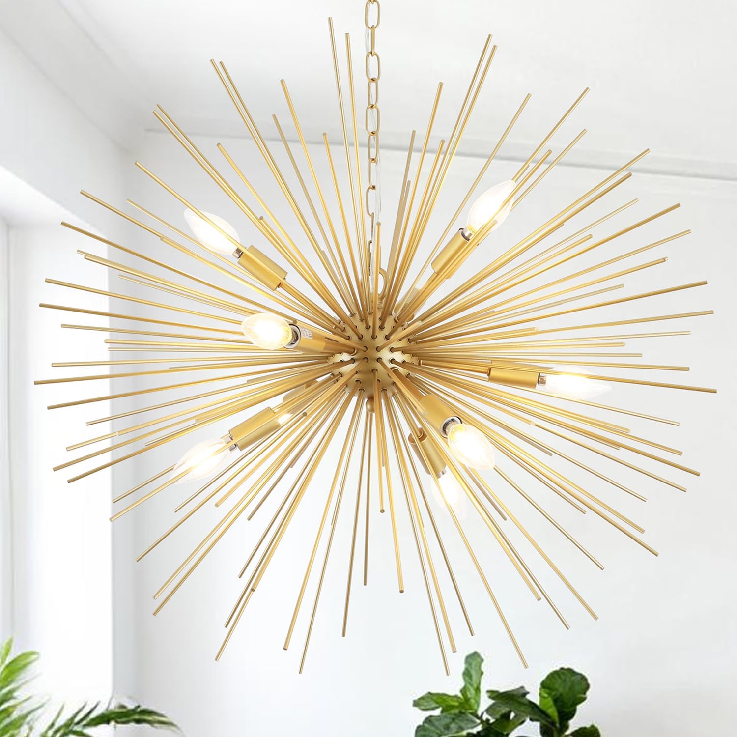 28" Gold Sputnik Chandeliers 9-Light Modern Mid-Century Chandelier Light Fixture Urchin Starburst Firework Chandeliers for High Ceilings, Dining Room, Kitchen, Living Room, Entryway, E12