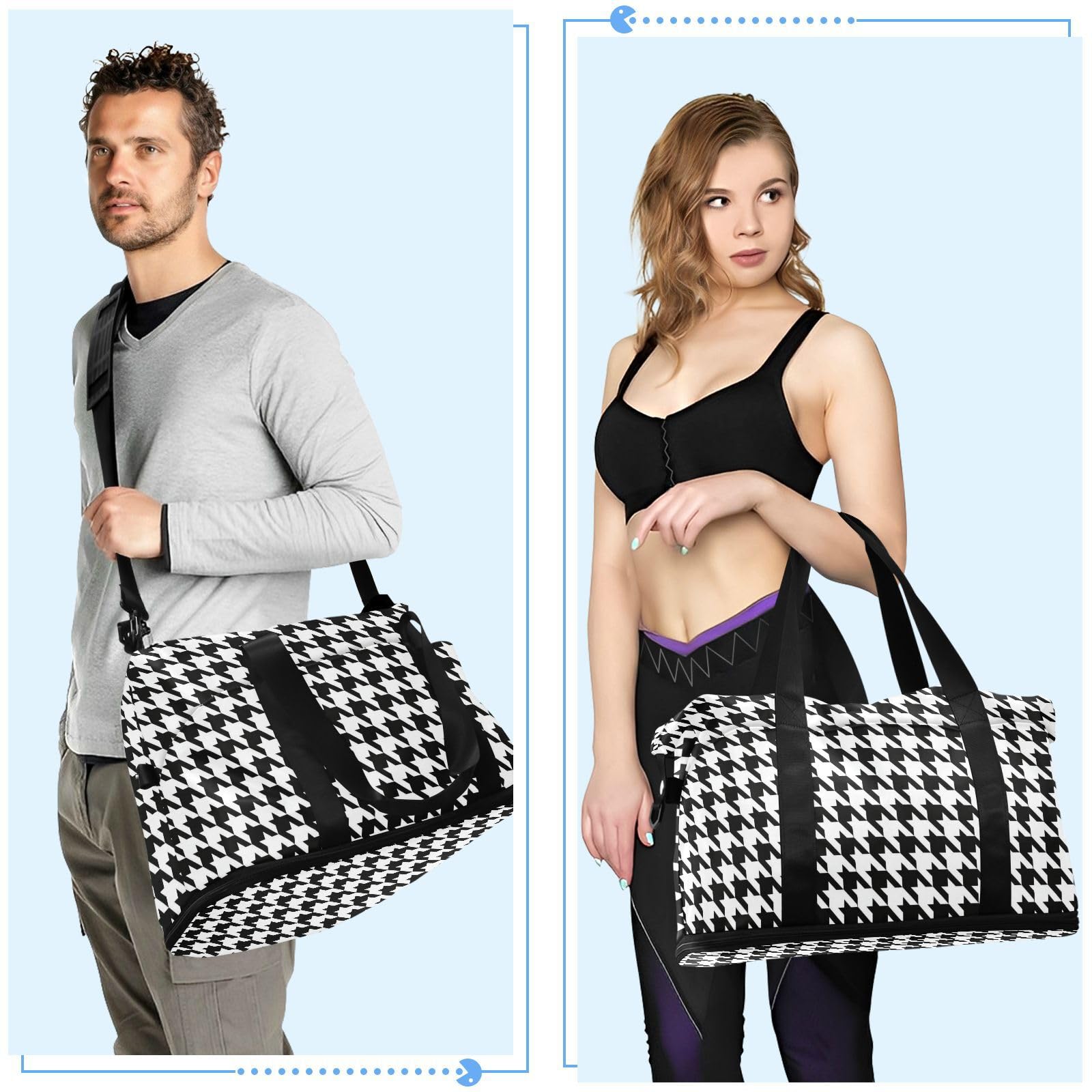 Sac de voyage étanche motif pied-de-poule noir et blanc avec poche humide et sangle réglable pour homme et femme