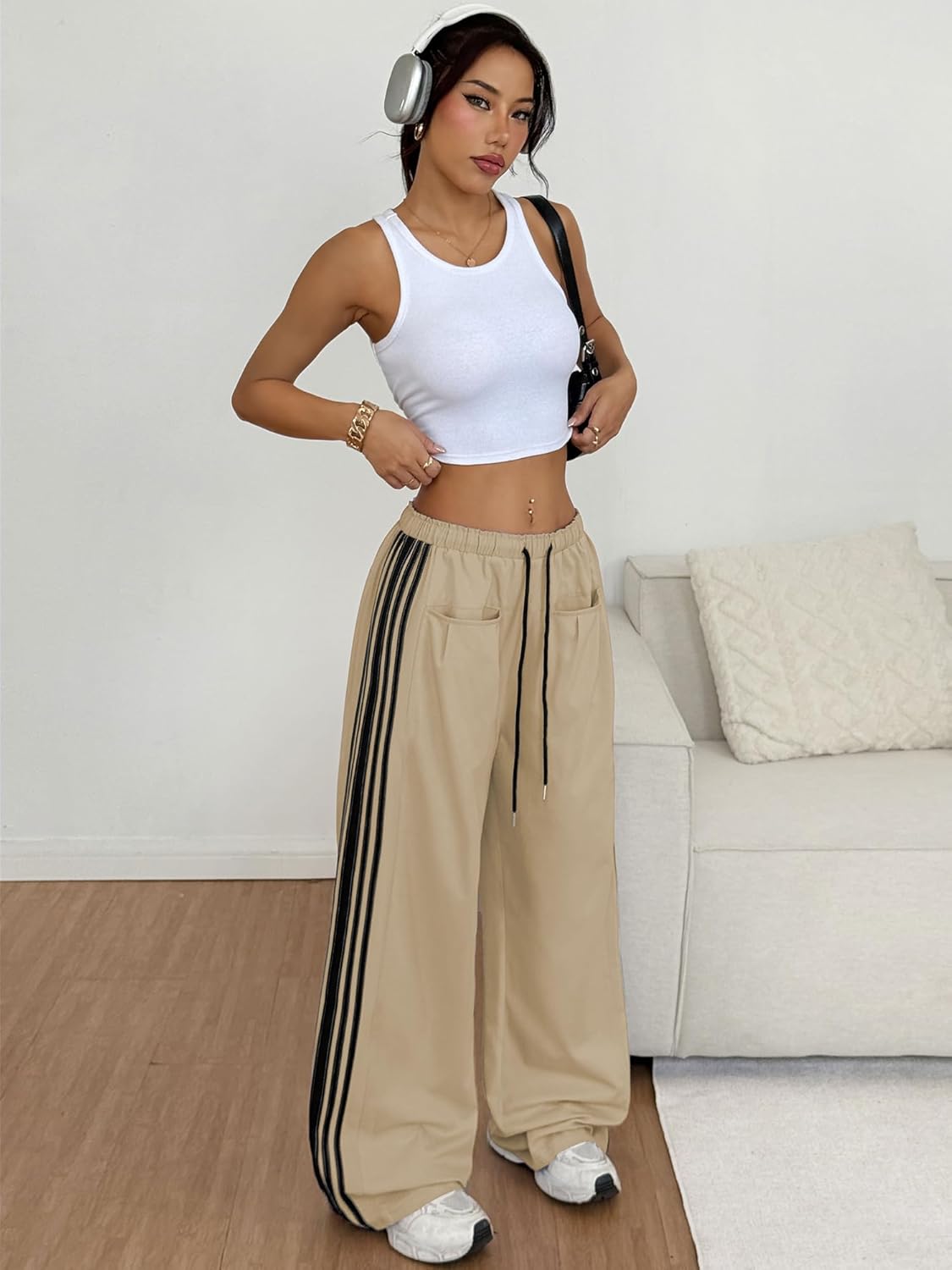 ZAFUL Women's Colorblock Straight Casual Pants Drawstring Slouchy Palazzo Pant Side Striped Lounge Trouser with Pockets - Image 4