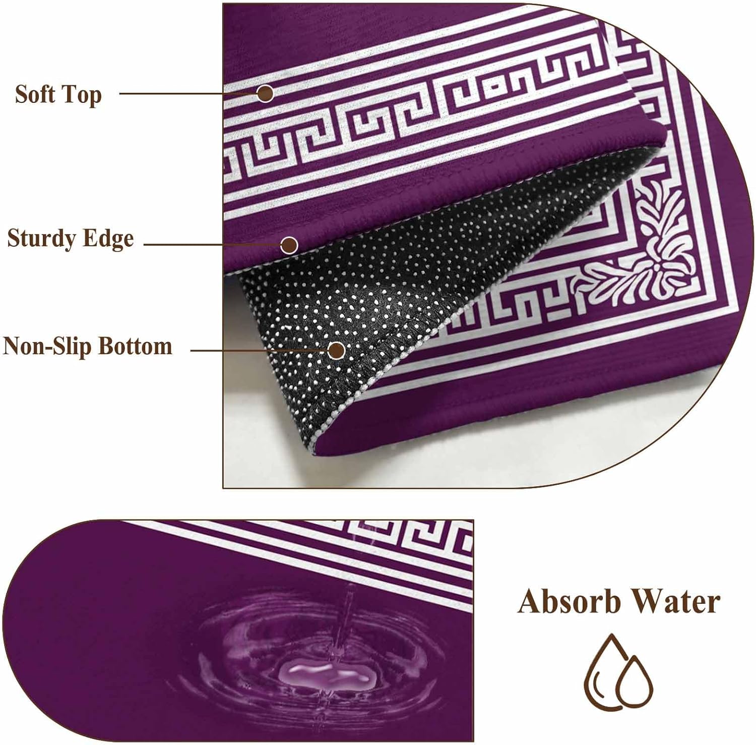 Dark Purple Greek Key Bathroom Rug Washable 2x3 Entryway Rug Non Slip Geometric Greece Ancient Farmhouse Geo Front Door Mat Low Pile Indoor Doormat Throw Floor Carpet for Kitchen Bedroom Entrance