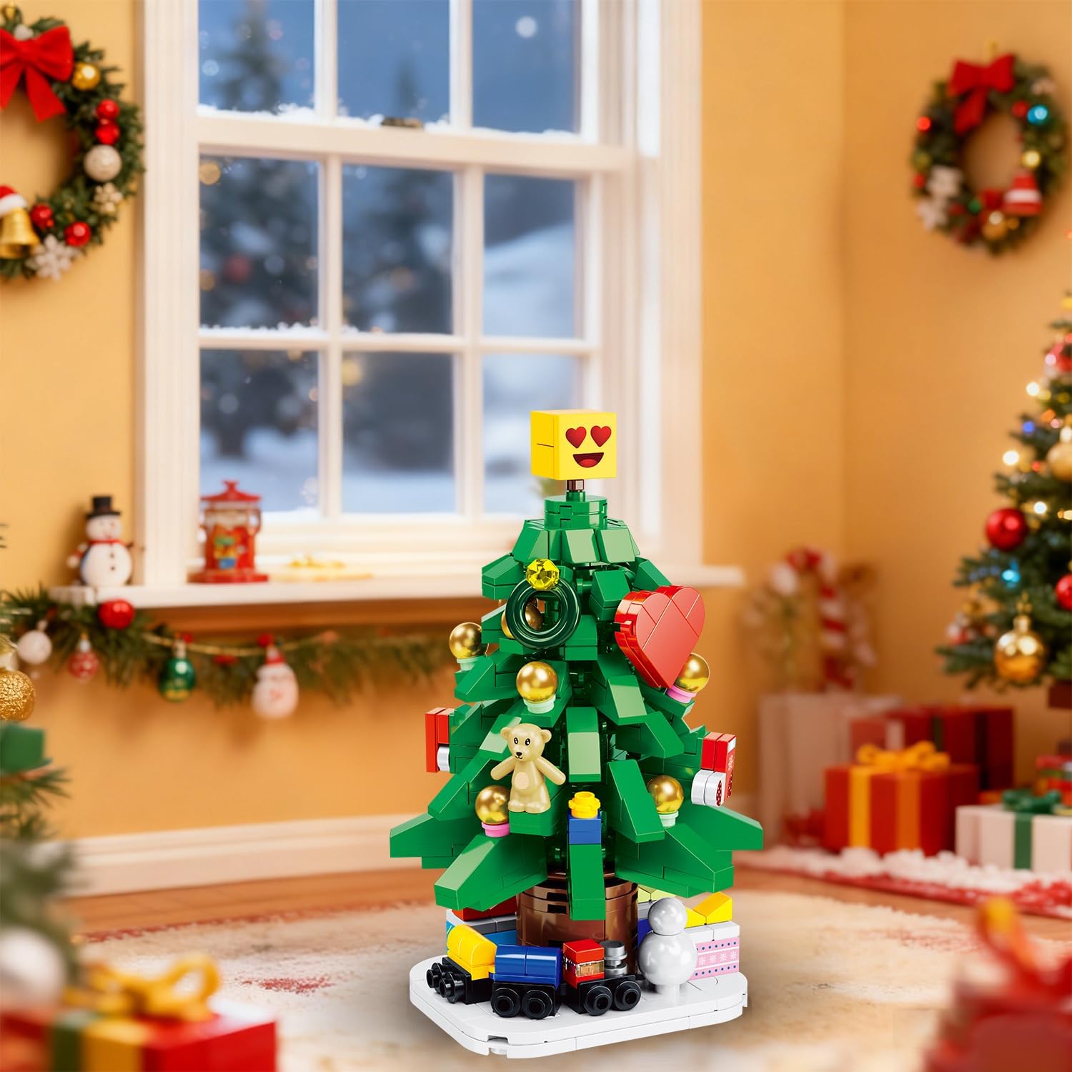 Mini Christmas Tree Building Blocks - Lego-Compatible Christmas Building Set with Bear, Heart, Snowflake/Smiley Topper, Creative Holiday DIY Model Home Decor Building Toys for Boys Girls Kids Adults