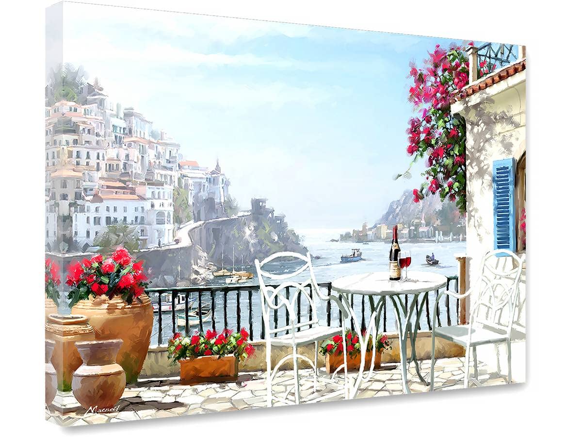 STYLER Leinwandbild Veranda 60 x 80 cm I Wandbild mediterran Ferienhaus Urlaub Natur Süden I Bild Wohnzimmer Schlafzimmer Esszimmer Leinwand I Verschiedene Motive & Größen