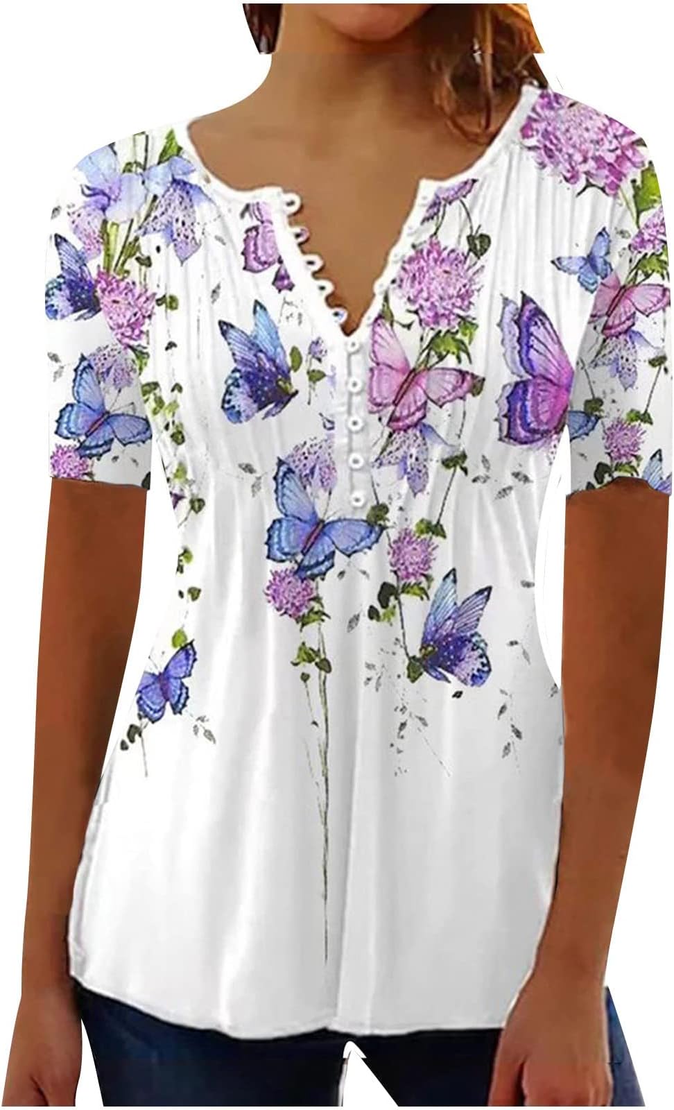 AMhomelySummer Tops for Women's Casual Shirt XXL V Neck Short Sleeve Tunic Blouses Loose Fit Pleated Shirts Floral Print Button Down Ladies Henley T-Shirts