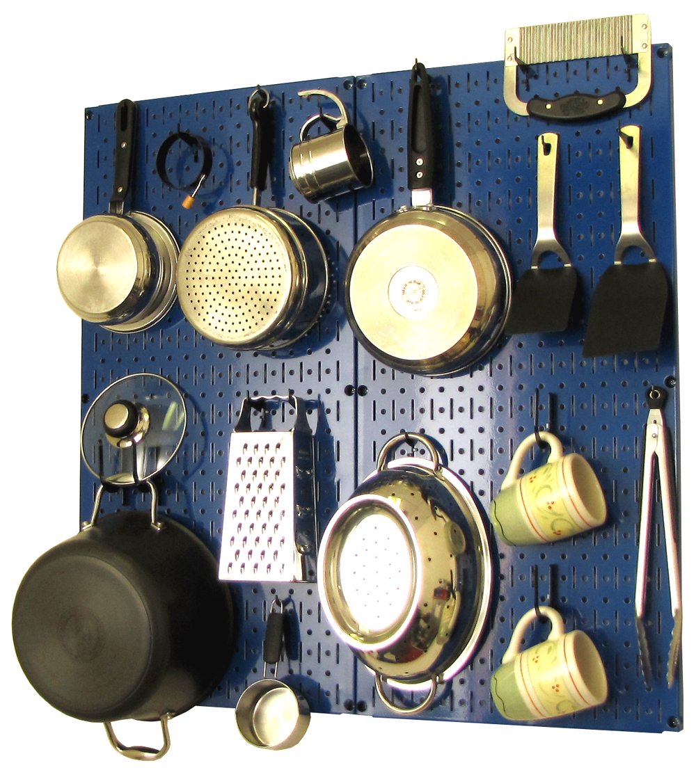 (Blue/Black) - Wall Control Kitchen Pegboard Organiser Pots and Pans Pegboard Pack Storage and Organisation Kit with Blue Pegboard and Black Accessories