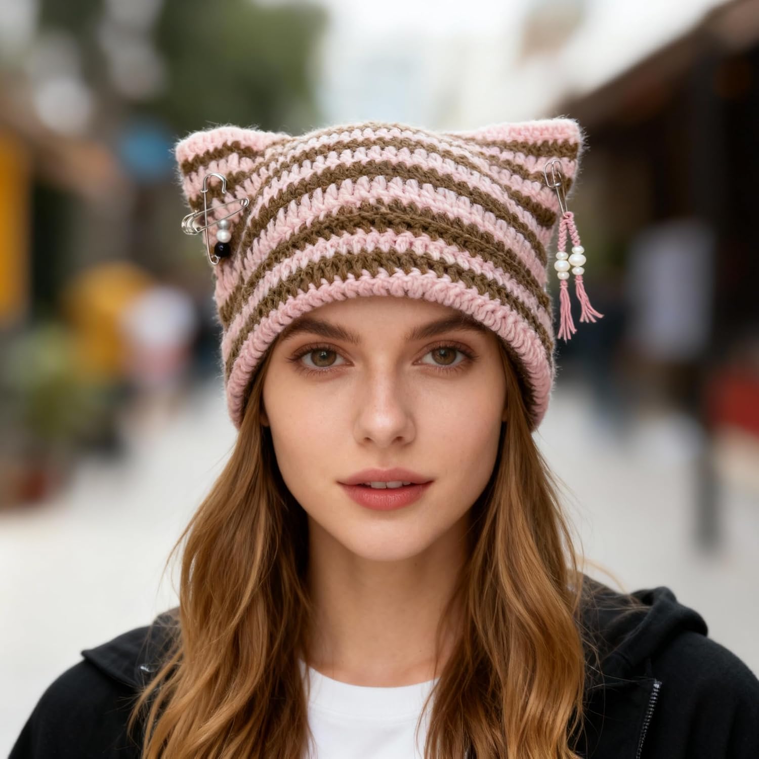 Cat Ear Beanie Hat for Women Y2K Striped Beanie with DIY Goth Accessories Slouchy Crochet Goth Hat Beanie with Ears - Image 6