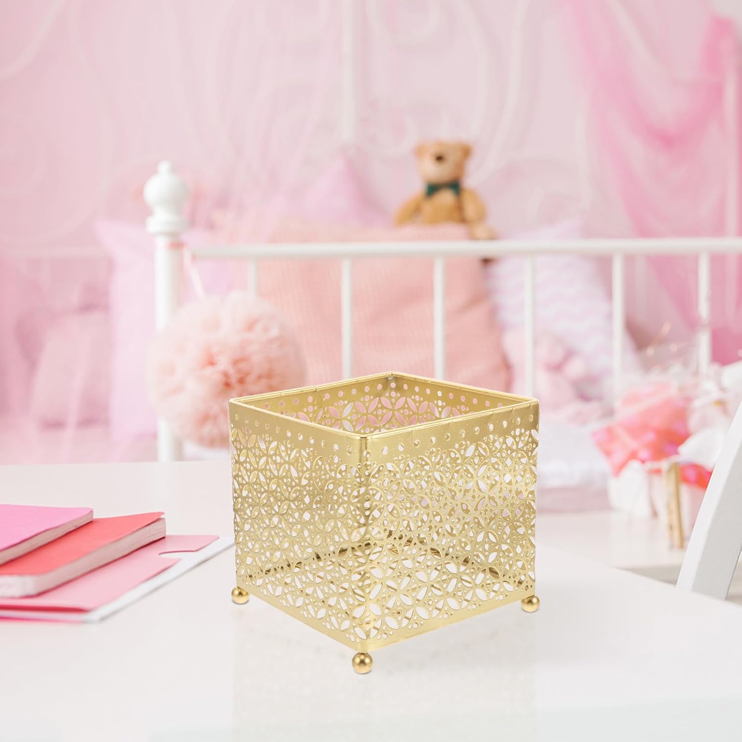 Farmhouse Metal Makeup Storage Organizer for Vanity with Large Capacity, Practical Iron Wire Basket in Golden Color, Decorative and Multifunctional Storage for Bathroom and Bedroom image 5