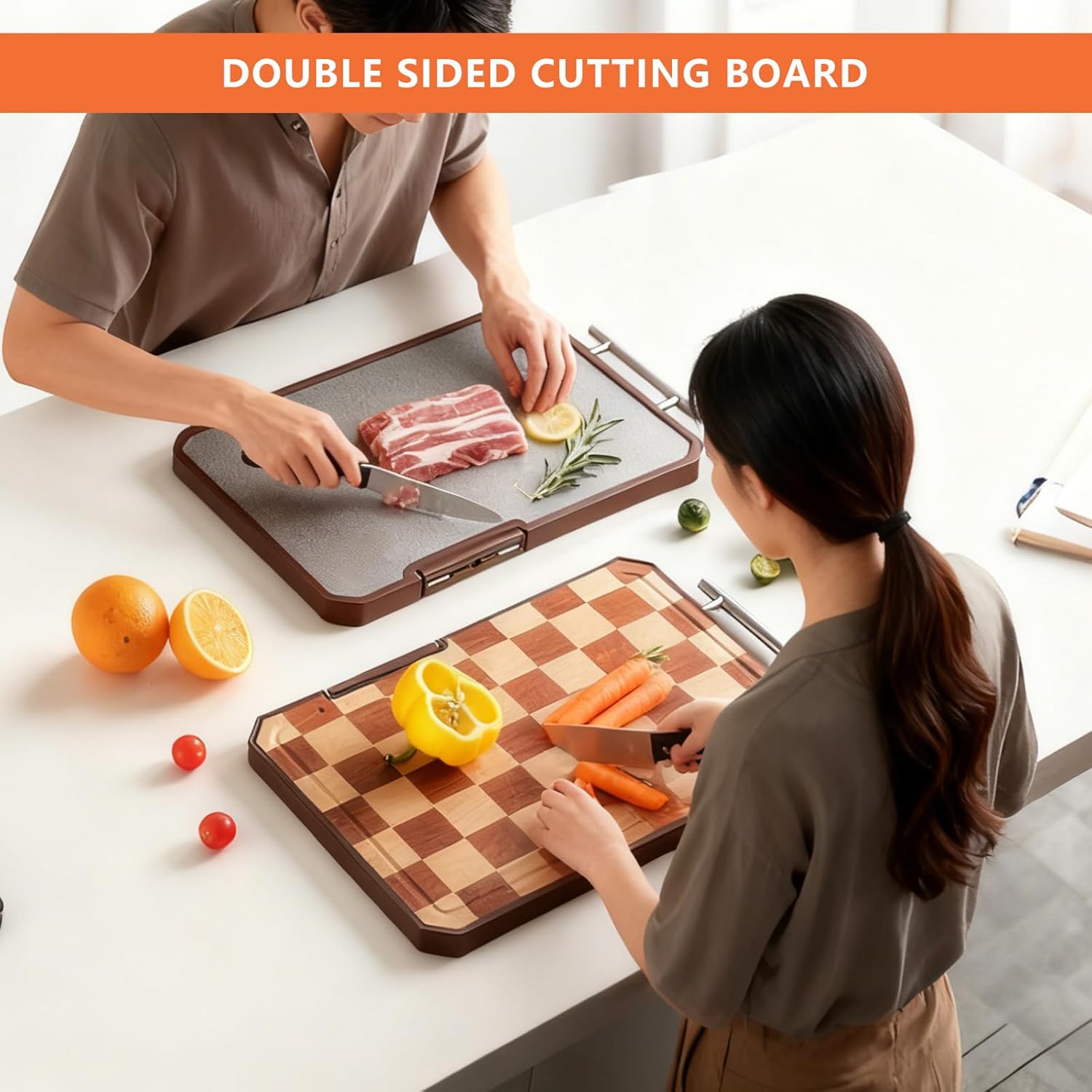 Titanium Cutting Boards for Kitchen,Checkered Cutting Board with Stand&Knife Sharpener,Double Sided Pure Titanium&Acacia Wood Cutting Board with Handle&Juice Groove,Chopping Board for Meat&Charcuterie