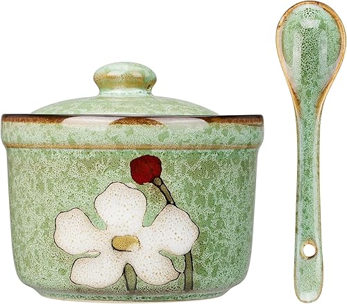 Miniatura 11 de Azucarero de cerámica hecho a mano con tapa y cuchara, tarro de condimento de porcelana de 9 onzas con diseño floral pintado a mano, recipiente