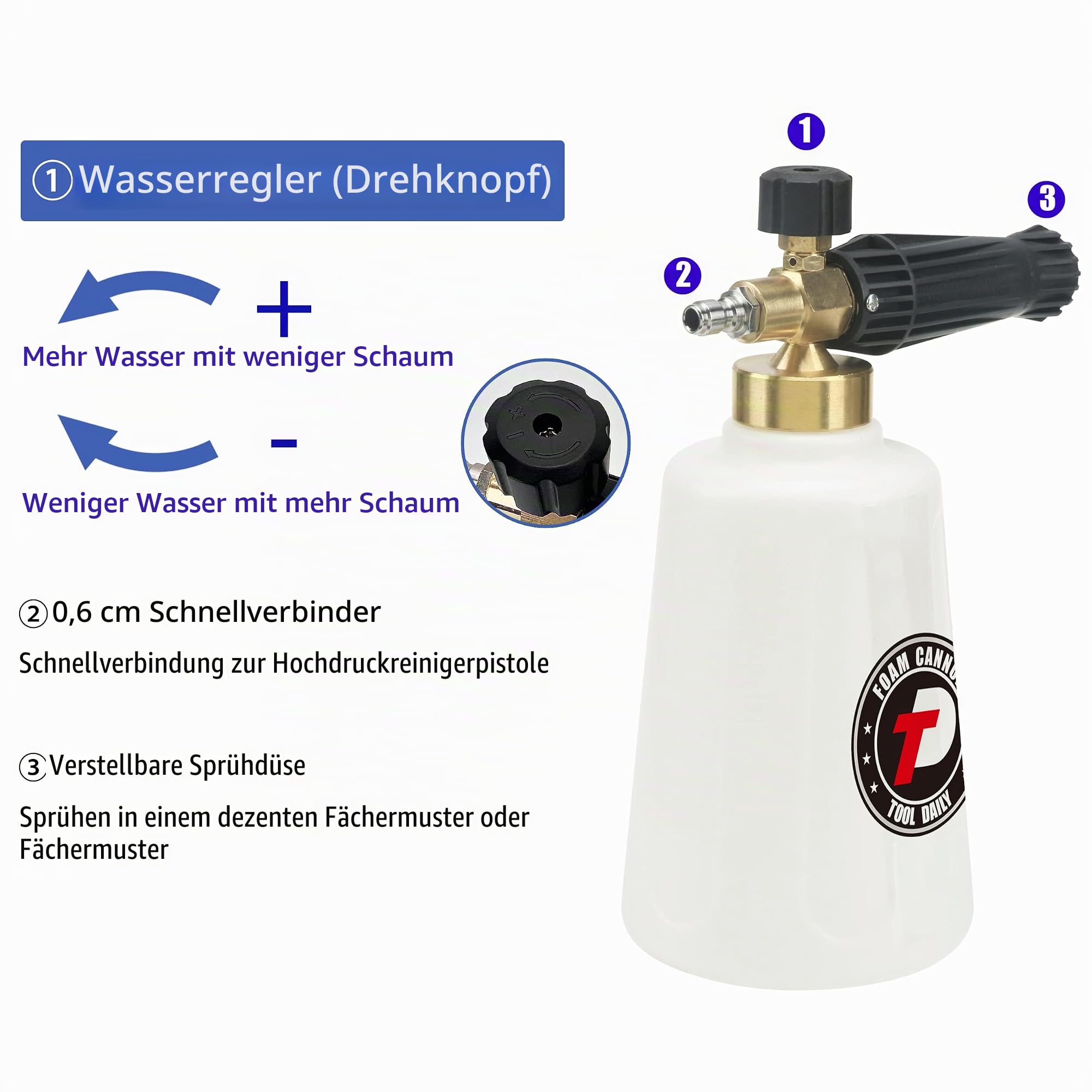 Tool Daily Schaumkanone für Auto Hochdruckreiniger, Profi Set mit zusätzlichem Düseneinsatz 1.1mm, 1/4 Zoll Schnellkupplung