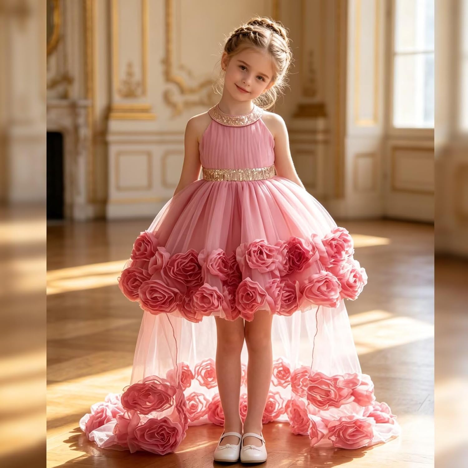 Toddler Girls Flower Dress Sleeveless Sequin Tulle Ball Gown with 3D Rose High-Low Train Birthday Party Princess Dress