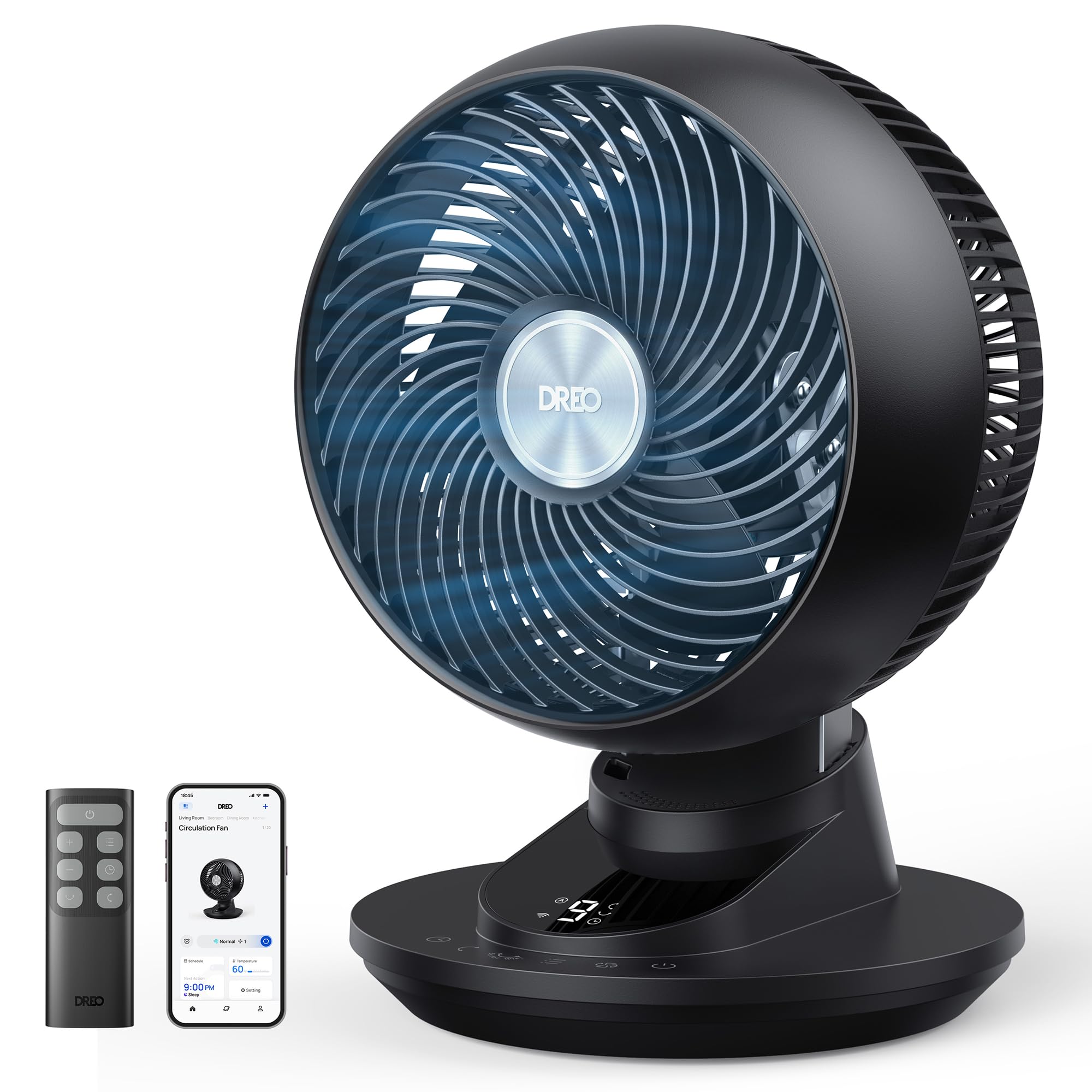 DREO 3D Tischventilator Sehr Leise 22 dB, Ventilator Klein mit Fernbedienung, 8,8 m/s Starker Luftstrom, 90° Oszillation, App & Sprachsteuerung, 9 Stufen, 8/12h Timer für Schlafzimmer & Büro