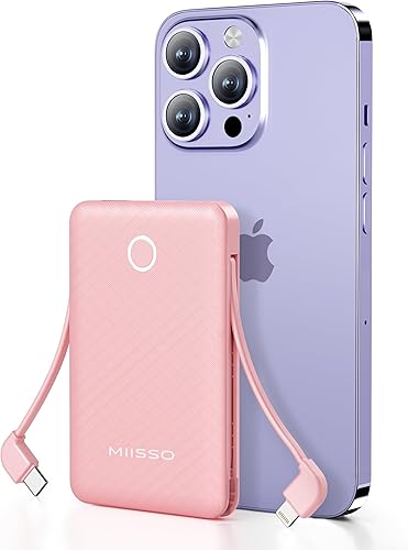 miisso Banco de energía ultra delgado de 6000 mAh, batería externa de 3 salidas compatible con iPhone, tamaño de tarjeta, cables USB C integrados,