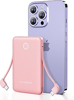 miisso 6000mah Ultra Slim Built in Cables Power Bank, Card Size Built in USB C Cords Battery Pack Portable Charger for Phones, 3 Output External Battery Pack Compatible with iPhone, Samsung, Pink