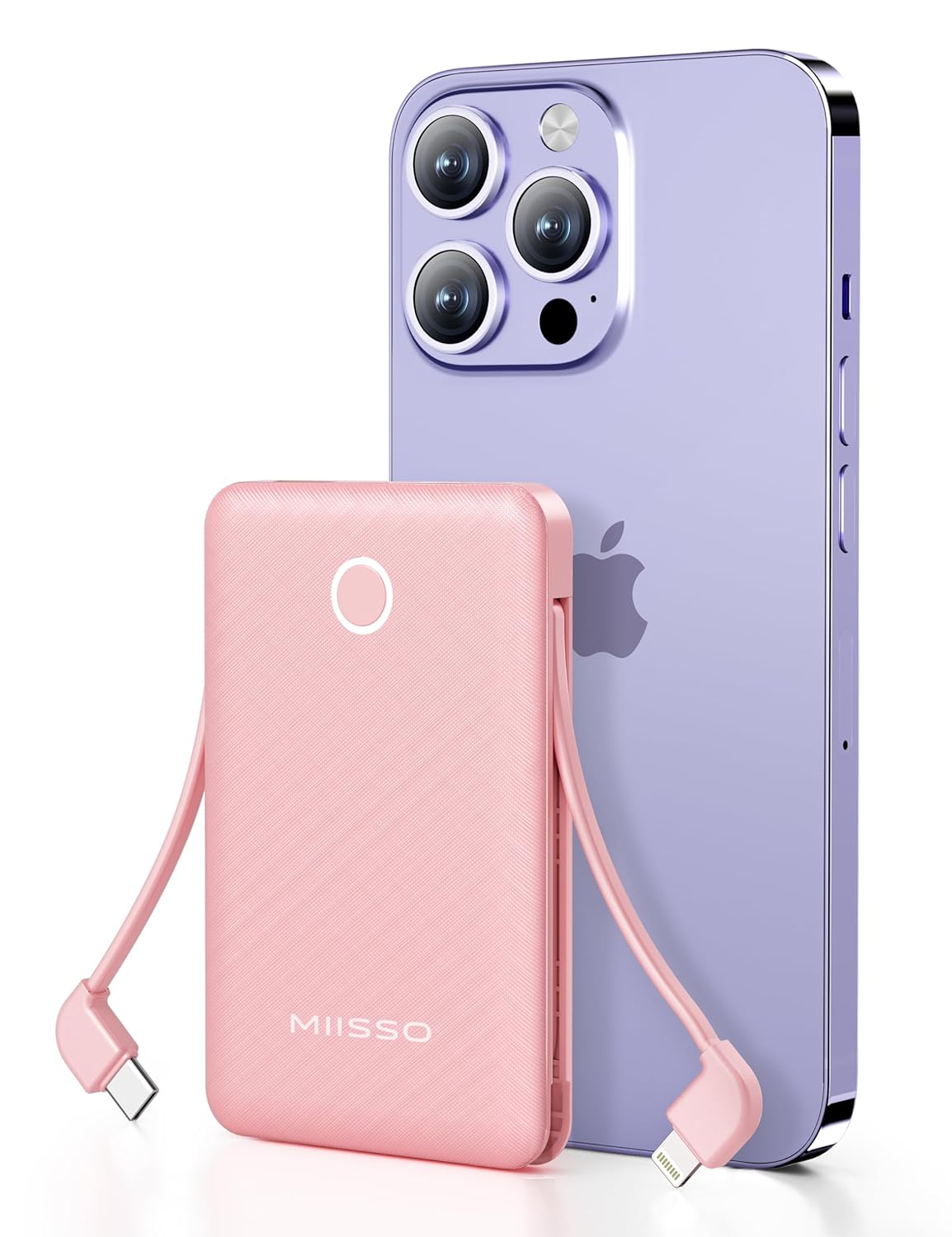 miisso 6000mah Ultra Slim Built in Cables Power Bank Card Size Built in USB C Cords Battery Pack