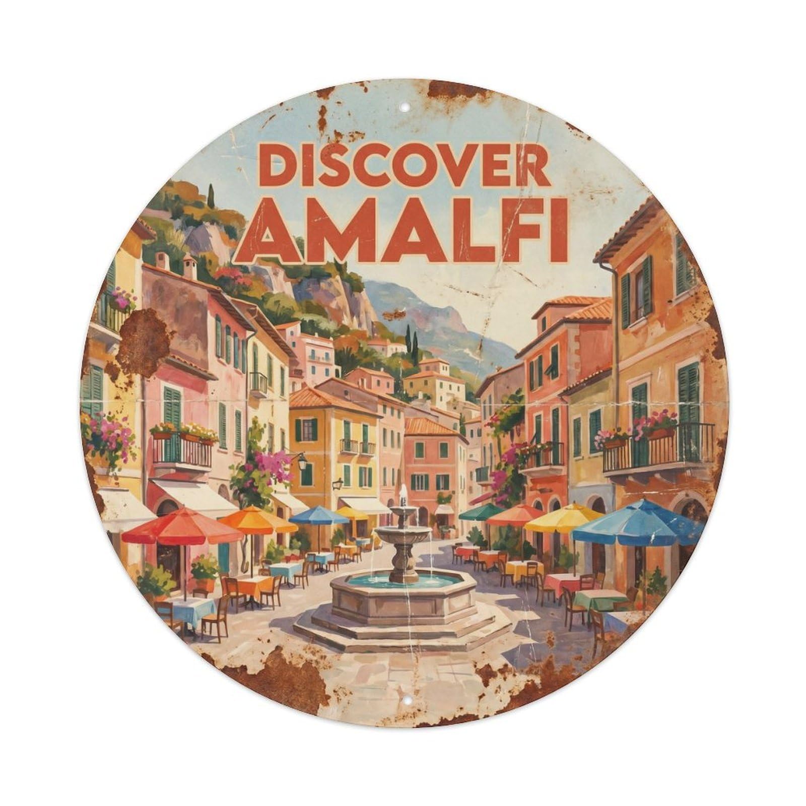 Vintage Travel Italian Piazza Village Historic Metal Tin Sign Plaque Wall Decor for Cafe, Club, Garden Round Metal Poster 8x8Inch
