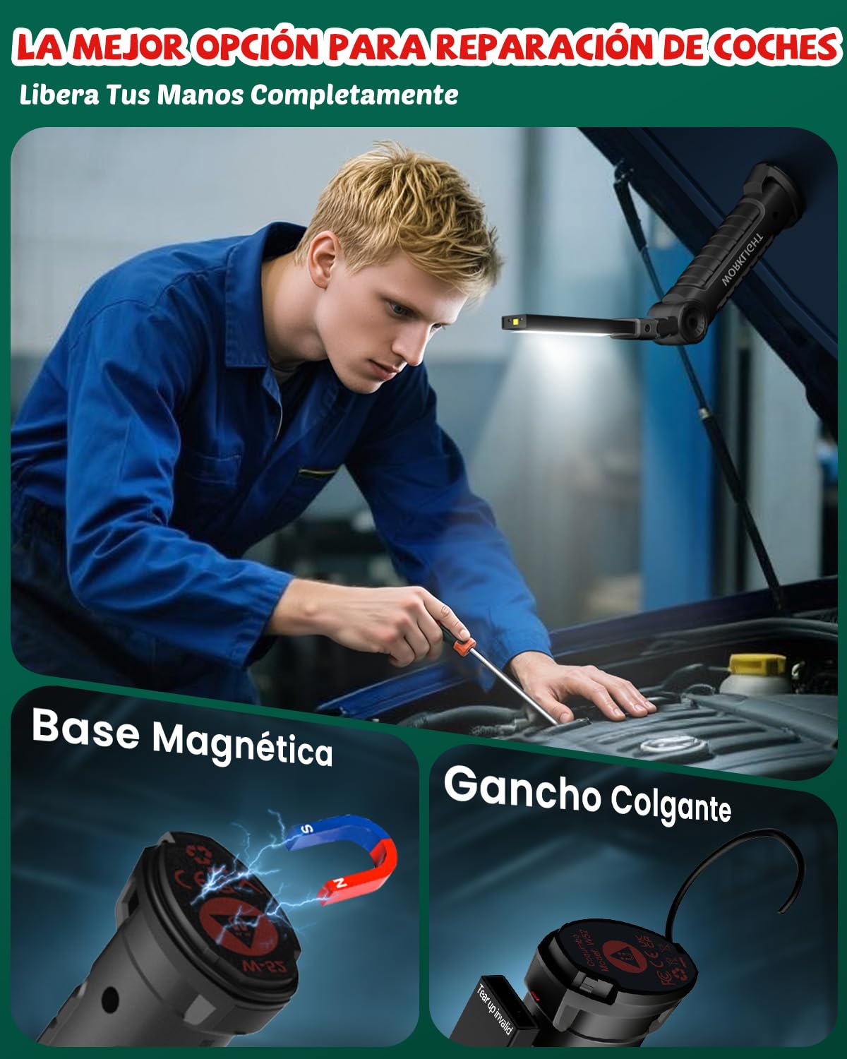Coquimbo Regalo Hombre Linterna Taller LED Recargable, Linterna Portátil de Trabajo Lámpara de Inspección con Magnética Base y Gancho para Taller Cámping Emergencia(2 Piezas, Negro)
