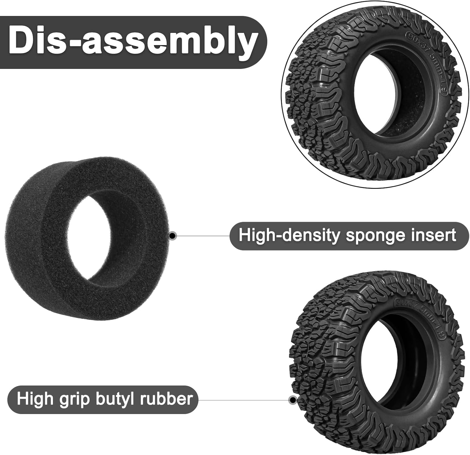 LRFHL 1.9 Crawler Tires 90 * 37.5mm Soft Rubber High Grip RC Rock Terrain Tyre with Foam Insert Compatible with 1/12 MJX HYPER GO H12Y H12P MN128 1/10 Axial D90 (4PCS, Black)